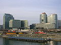 Donau City seen from the Reichsbrücke (left to right): Ares Tower [de], STRABAG Haus [de], Andromeda-Tower [de], Tech Gate Vienna