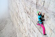 German climber Lisi Steurer on the big-wal face of the Cima Grande in the Dolomites