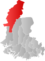 Mapa do condado de Agder com Sirdal em destaque.