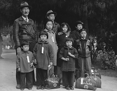 Mochida family at Internment of Japanese Americans, by Dorothea Lange (restored by Bammesk)