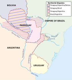 A map showing Uruguay and Paraguay in the center with Bolivia and Brazil to the north and Argentina to the south; cross-hatching indicates that the western half of Paraguay was claimed by Bolivia, the northern reaches of Argentina were disputed by Paraguay, and areas of southern Brazil were claimed by both Argentina and Paraguay