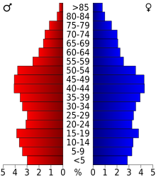 Schéma représentant la population du comté, par tranche d'âge. En rouge, à gauche, les femmes, en bleu à droite, les hommes.