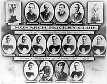 Collage of black and white images of hockey players, team executive personnel and ice hockey trophies