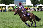 Jeune fille pratiquant l'équitation sur poney, en Suisse.