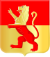 Lion rampant, top half yellow on red background, bottom half red on yellow background