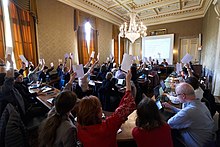 Delegates vote during the Eurodoc General Meeting in Brussels