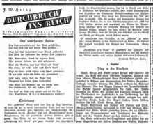 Einführung zur ersten Folge des im „Landvolk“ abgedruckten autobiographischen Romans von Friedrich Wilhelm Heinz: „Durchbruch ins Reich“.