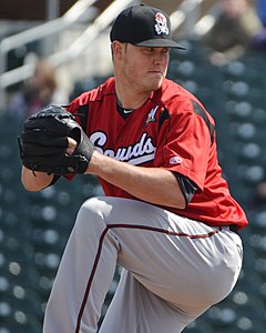 A man wearing a black baseball cap and a red jersey with "Sounds" written across the chest in white script and gray baseball pants shown preparing to pitch a ball