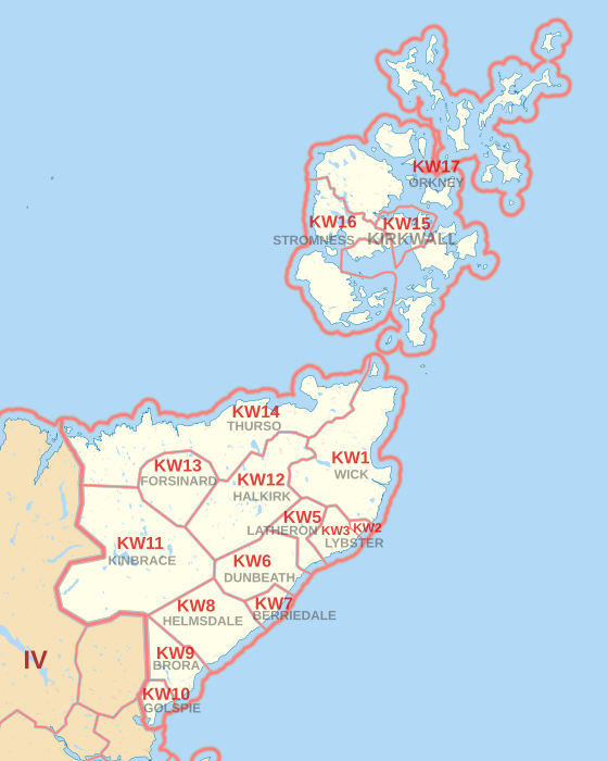 KW postcode area map, showing postcode districts, post towns and neighbouring postcode areas.