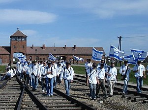 יהודים צועדים עם דגל ישראל במצעד החיים