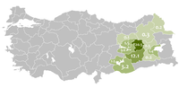 نسبة السكان الناطقين بالزازاكية كلغتهم الأم حسب المحافظات في تركيا عام 1965.