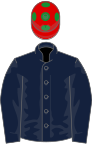 Dark blue, red cap, green spots