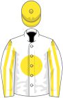 White, yellow disc, striped sleeves, yellow cap