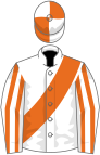 White, orange sash, striped sleeves, quartered cap