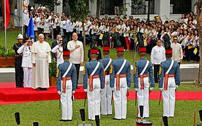 Pope Francis and President Benigno Aquino III during an arrival ceremony at the Malacañang Palace in Manila, January 16, 2015