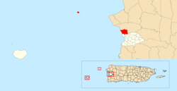 Location of Sabanetas within the municipality of Mayagüez shown in red