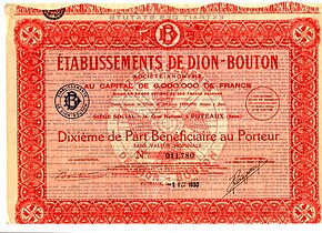 Part bénéficiaire De Dion-Bouton de 1930