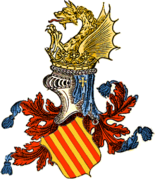 Armas coa "cimera reial", derivando D'Aragón a Dragón. O dragón europeo ten ás similares ás de morcegos, que se converteron en símbolo en toda a coroa de Aragón.