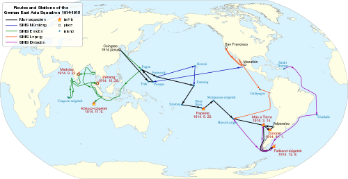 A map of the Pacific and Atlantic Oceans, showing the route of the ships; Dresden steamed from the Caribbean around South America to the Pacific.