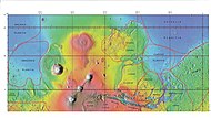 MOLA map showing boundaries for Amazonis Planitia and other regions Colors indicate elevations.
