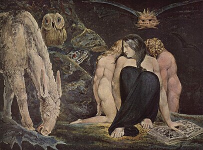 The Night of Enitharmon's Joy, où apparaissent Hécate et les Moires. Tableau de William Blake, 1795 (Tate Gallery).