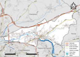 Carte en couleur présentant le réseau hydrographique de la commune