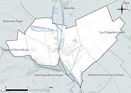 Carte en couleur présentant le réseau hydrographique de la commune