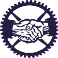 Emblem of the American Labor Party, a cogwheel with two hands shaking.