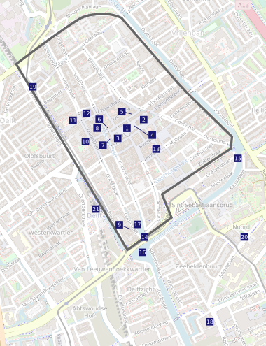 Carte des monuments historiques de Delft.