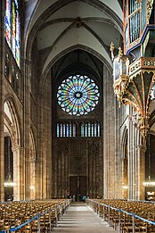 The narthex of the cathedral and massive pillars supporting the tower, seen from the central nave