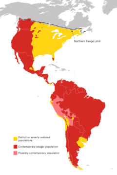 Distribuição geográfica da onça-parda.   Presente   Possivelmente presente   Extinta ou severamente ameaçada