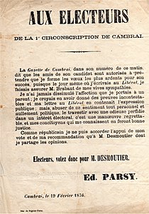 Campagne électorale de soutien de Charles Desmoutier par Édouard Parsy en 1876.