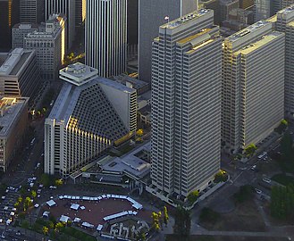 Aerial view of Five (Hyatt Regency), Four, and Three Embarcadero Center (L–R), with brick-paved Embarcadero Plaza in the foreground