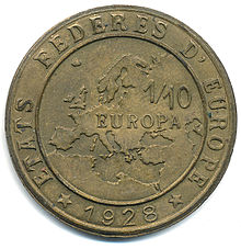 Coin with a map of Europe and surrounding areas with "Europa" written over the map and "États fédérés D' Europe 1928" around the map