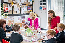 Catherine and Jill Biden engage with school children at a table while wearing masks