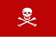 Interpretation of a French filibusters flag from 1688 described as a “red flag with a death’s head at the center and two crossed bones below the head, in white, in the middle of the red”.[40]