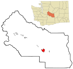 右上: ワシントン州におけるキッティタス郡の位置 左下: キッティタス郡におけるエレンズバーグの市域の位置図