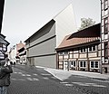 Kunsthaus Göttingen, Wettbewerbszeichnung (2016), rechts das Fachwerkhaus von 1310, Düstere Straße 6, jetzt „Günter Grass-Archiv“