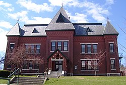 Brattleboro Town Hall, built in the Gothic Revival style in 1884. This building was used by the high school until 1951.