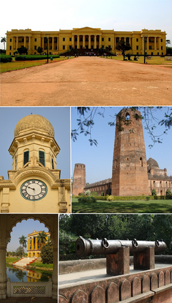 Clockwise from top: Hazarduari Palace, Caravanserai of Murshidabad, Jahan Kosha Cannon, Kathgola, Murshidabad Clock Tower