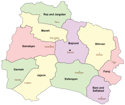 Location of Esfarayen County in North Khorasan province (bottom right, green)