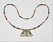 Pectoral and necklace of Princess Sithathoriunet; 1887–1813 BC; gold, carnelian, lapis lazuli, turquoise, garnet and feldspar; height of the pectoral: 4.5 centimetres (1.8 in); Metropolitan Museum of Art (New York City)