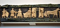 Sumerian scene, milking cows and making dairy products. From the facade of the Temple of Ninhursag at Tell al-'Ubaid, Iraq, 2800-2600 BCE. Iraq Museum