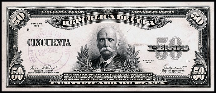 Fifty-peso silver certificate from the 1936 series, certified proof obverse, by the Bureau of Engraving and Printing