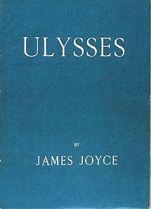 alt=Worn out blue book cover saying 'Ulysses', at top and 'by James Joyce' at the bottom