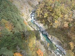 La Bonne au début des gorges. Photo prise en automne depuis l'ancien viaduc ferroviaire (on voit son ombre sur le fond de la vallée)