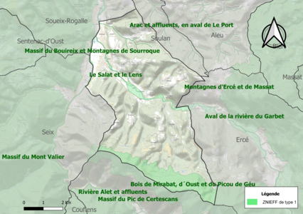 Carte des ZNIEFF de type 1 sur la commune.