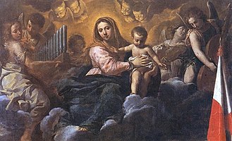 Détail de la Madone à l'Enfant en Gloire avec sainte Barbe et saint Térence, Simone Cantarini. Galleria Nazionale delle Marche d’Urbino depuis décembre 2021 (anciennement à la Pinacothèque de Brera à Milan)