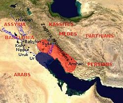 Map of Elam (approximate extension of the Elamite Empire is shown in red, the size of the Persian Gulf in the Bronze Age is indicated in blue (violet?))