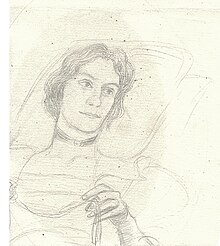 Reclining pencil sketch of Helen Coombe, with head on a pillow